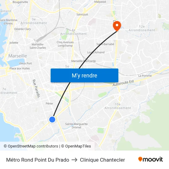 Métro Rond Point Du Prado to Clinique Chantecler map