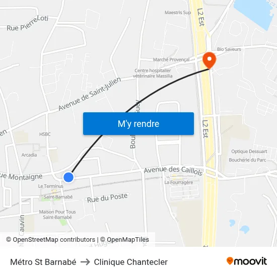 Métro St Barnabé to Clinique Chantecler map