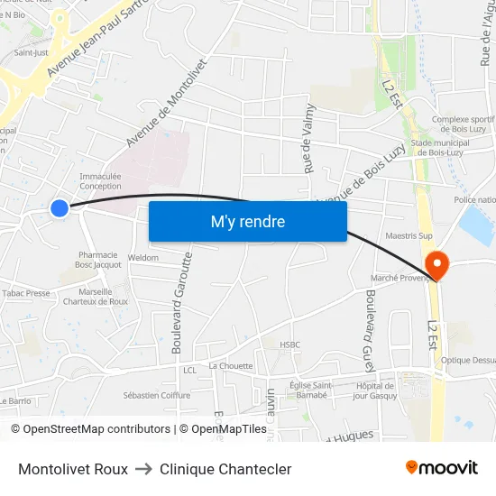 Montolivet Roux to Clinique Chantecler map