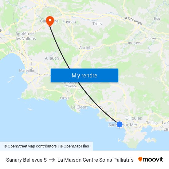 Sanary Bellevue S to La Maison Centre Soins Palliatifs map