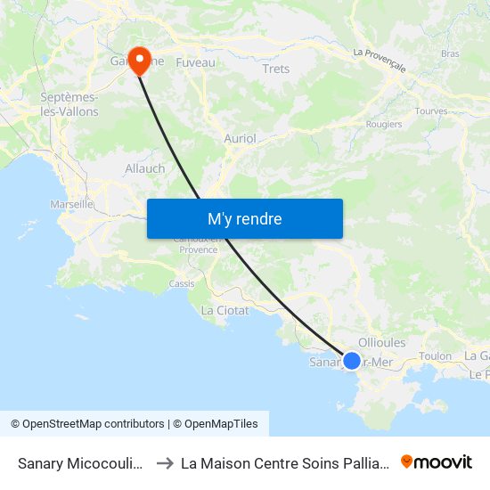 Sanary Micocouliers to La Maison Centre Soins Palliatifs map