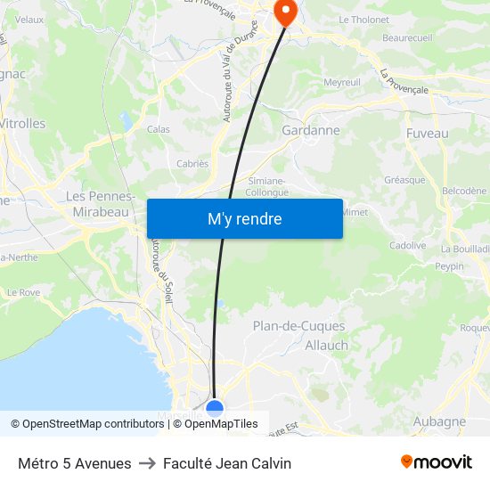 Métro 5 Avenues to Faculté Jean Calvin map