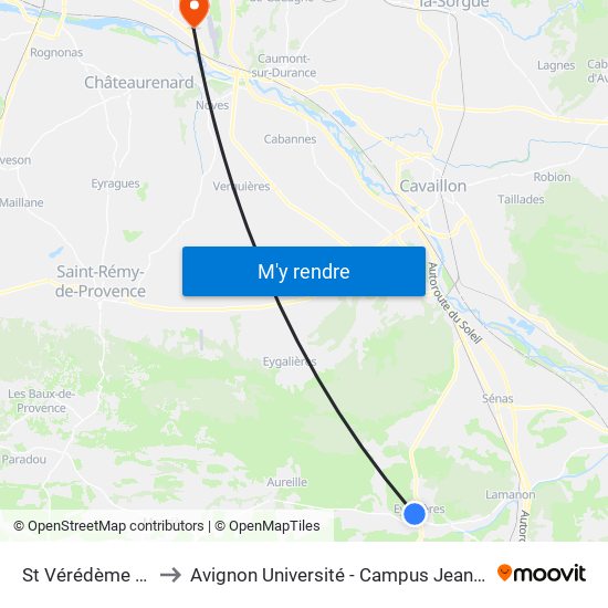 St Vérédème Quai 1 to Avignon Université - Campus Jean-Henri Fabre map