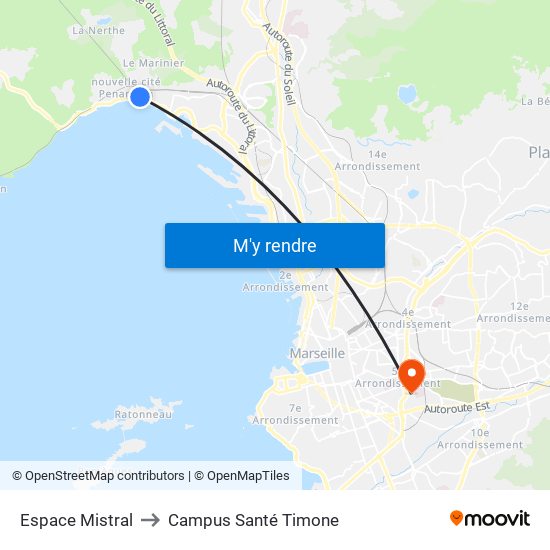 Espace Mistral to Campus Santé Timone map