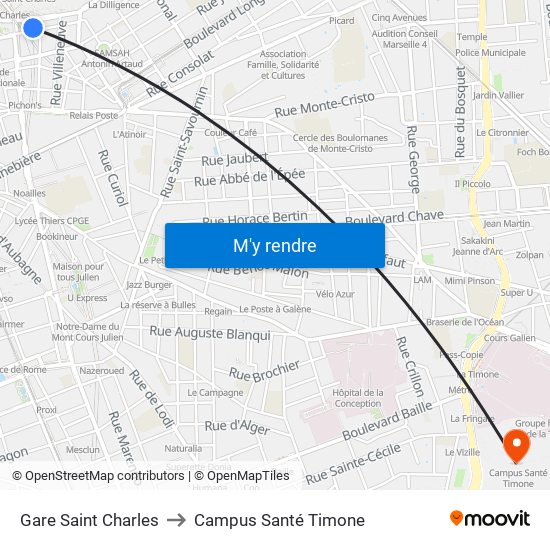 Gare Saint Charles to Campus Santé Timone map