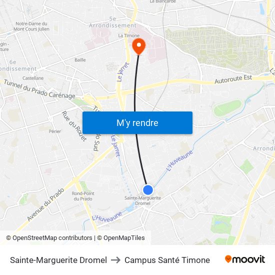 Métro Ste Marguerite Dromel to Campus Santé Timone map