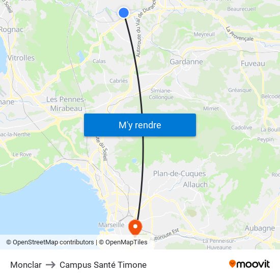 Monclar to Campus Santé Timone map