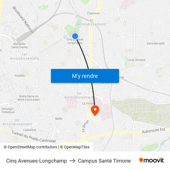 Cinq Avenues-Longchamp to Campus Santé Timone map