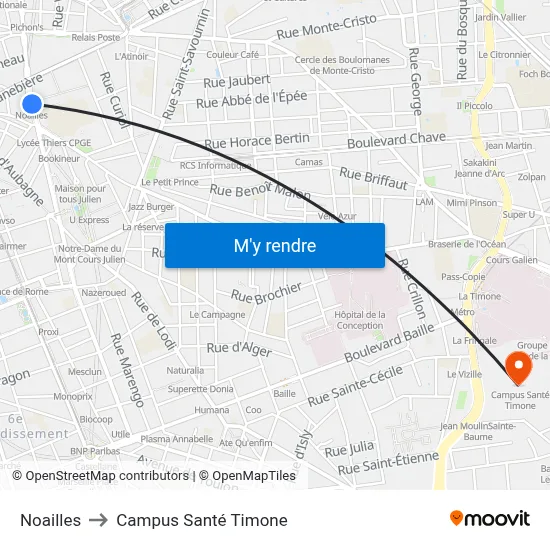 Noailles to Campus Santé Timone map