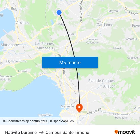 Nativité Duranne to Campus Santé Timone map