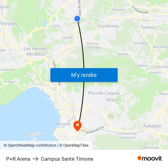 P+R Arena to Campus Santé Timone map