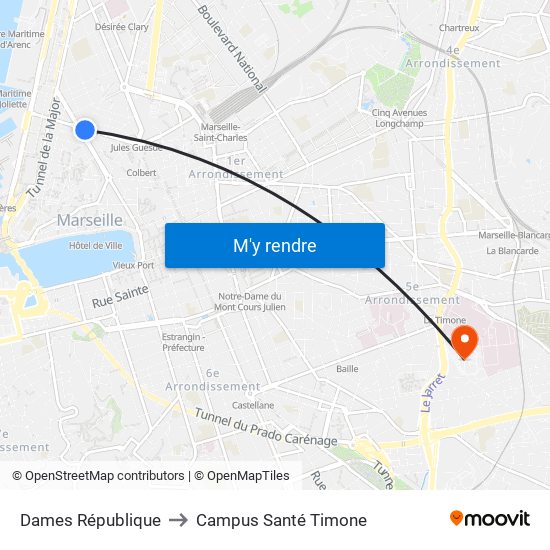 Dames République to Campus Santé Timone map