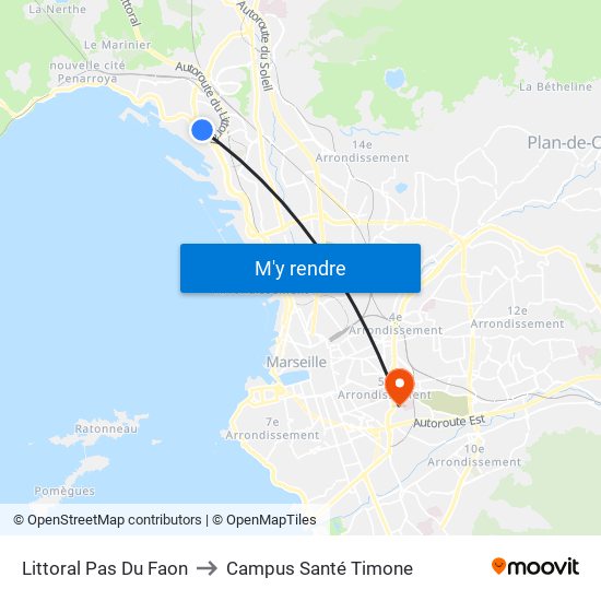 Littoral Pas Du Faon to Campus Santé Timone map