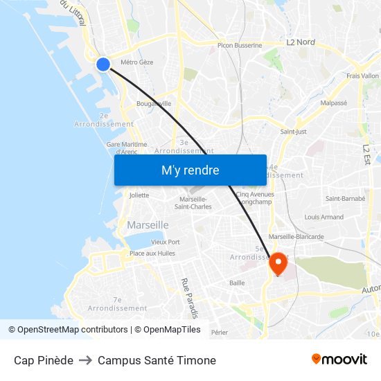 Cap Pinède to Campus Santé Timone map