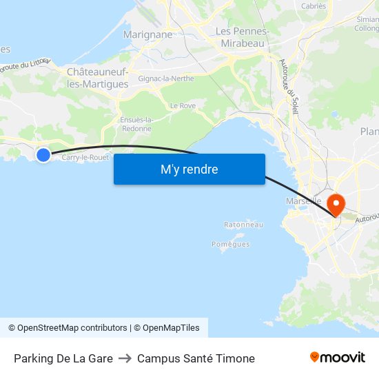 Parking De La Gare to Campus Santé Timone map