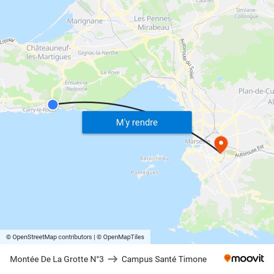 Montée De La Grotte N°3 to Campus Santé Timone map