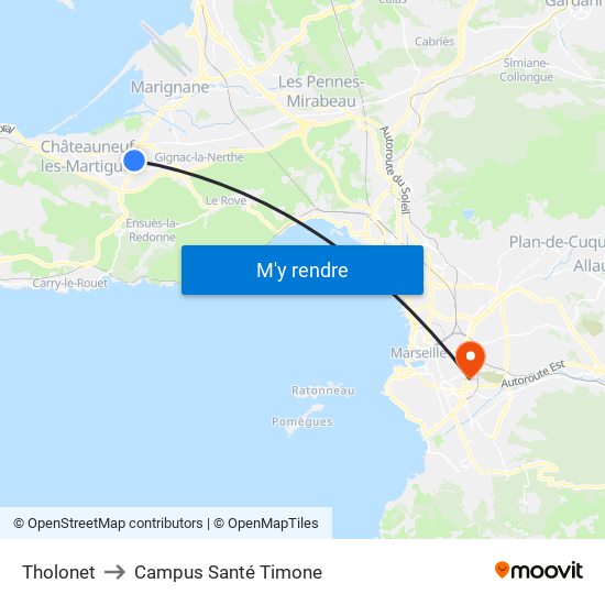 Tholonet to Campus Santé Timone map