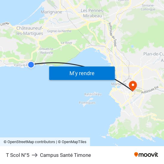 T Scol N°5 to Campus Santé Timone map