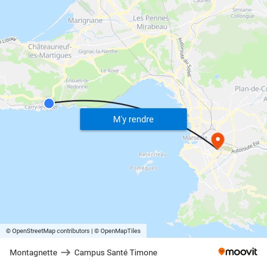 Montagnette to Campus Santé Timone map