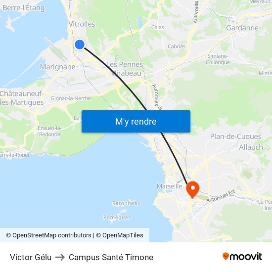 Victor Gélu to Campus Santé Timone map