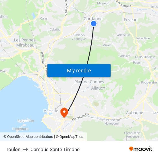 Toulon to Campus Santé Timone map