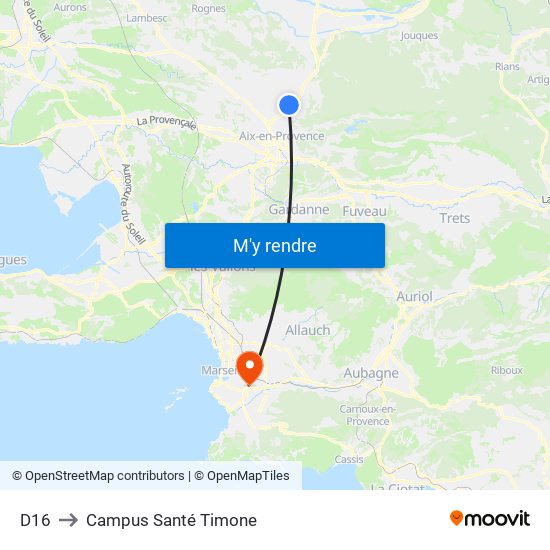 D16 to Campus Santé Timone map