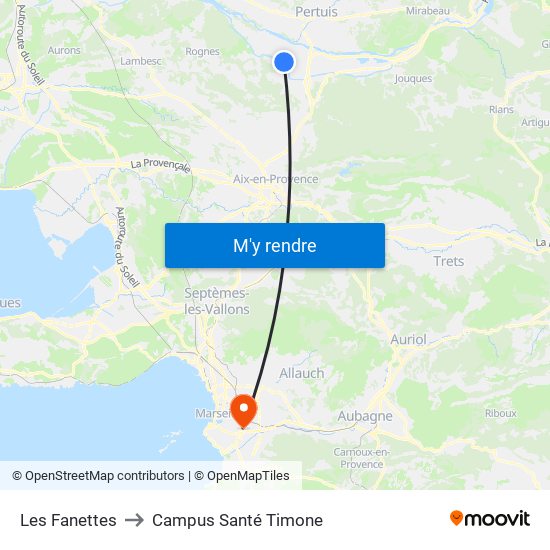 Les Fanettes to Campus Santé Timone map