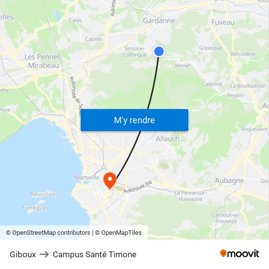 Giboux to Campus Santé Timone map
