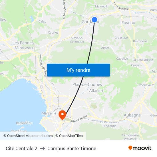 Cité Centrale 2 to Campus Santé Timone map