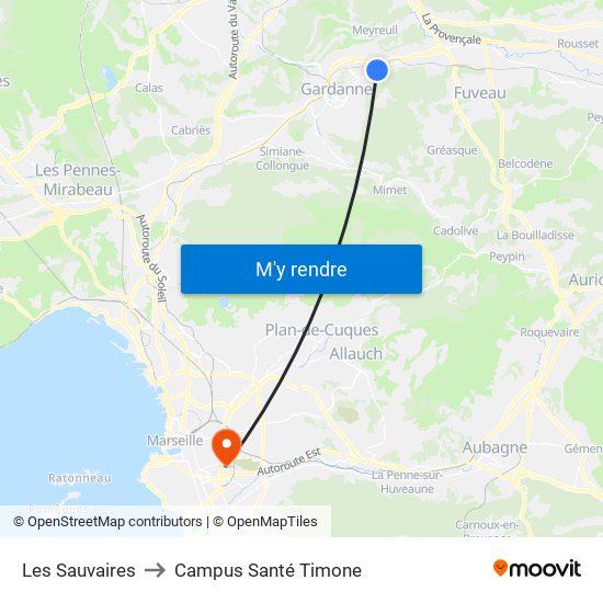 Les Sauvaires to Campus Santé Timone map