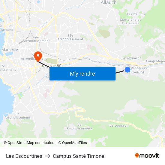 Les Escourtines to Campus Santé Timone map