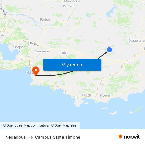 Negadous to Campus Santé Timone map
