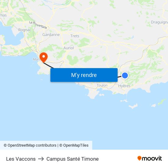 Les Vaccons to Campus Santé Timone map