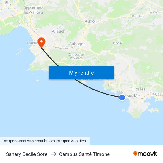 Sanary Cecile Sorel to Campus Santé Timone map