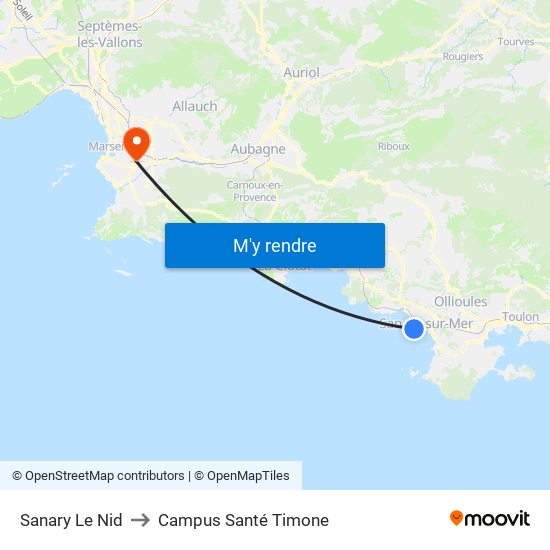 Sanary Le Nid to Campus Santé Timone map