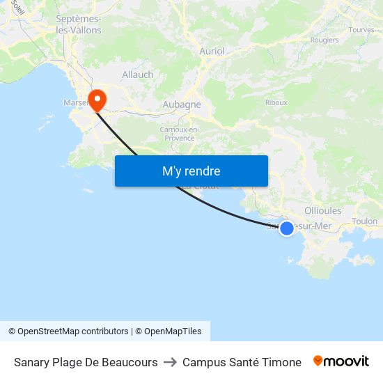Sanary Plage De Beaucours to Campus Santé Timone map