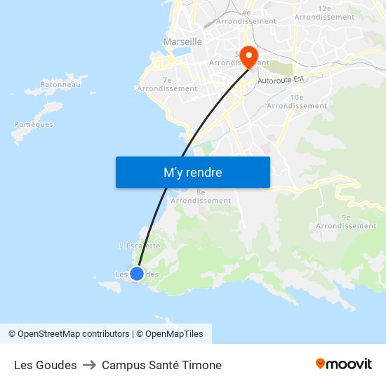 Les Goudes to Campus Santé Timone map