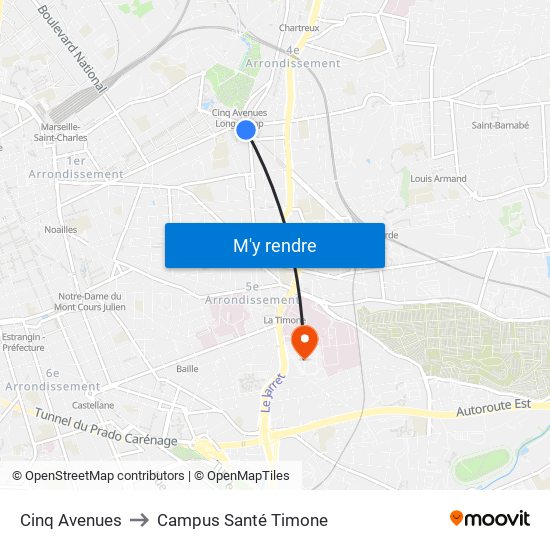 Cinq Avenues to Campus Santé Timone map
