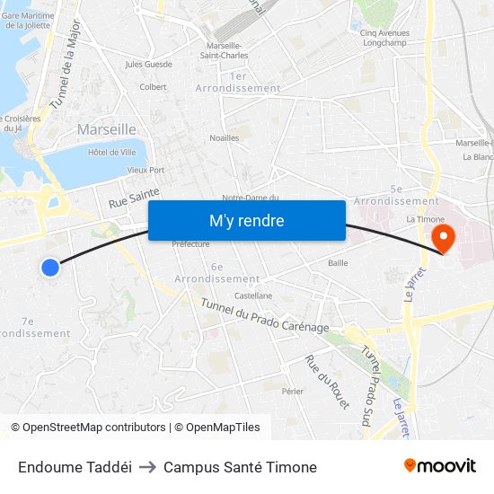 Endoume Taddéi to Campus Santé Timone map