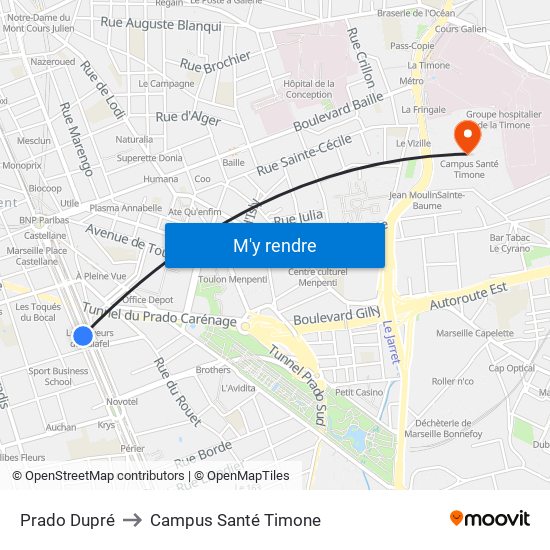 Prado Dupré to Campus Santé Timone map