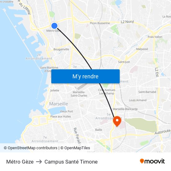 Métro Gèze to Campus Santé Timone map