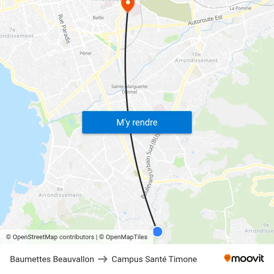 Baumettes Beauvallon to Campus Santé Timone map