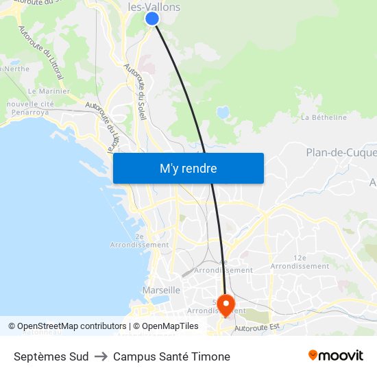 Septèmes Sud to Campus Santé Timone map