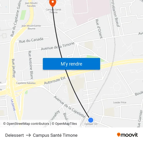 Delessert to Campus Santé Timone map