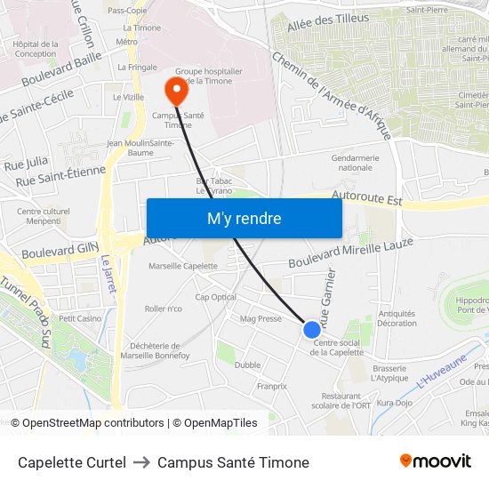 Capelette Curtel to Campus Santé Timone map