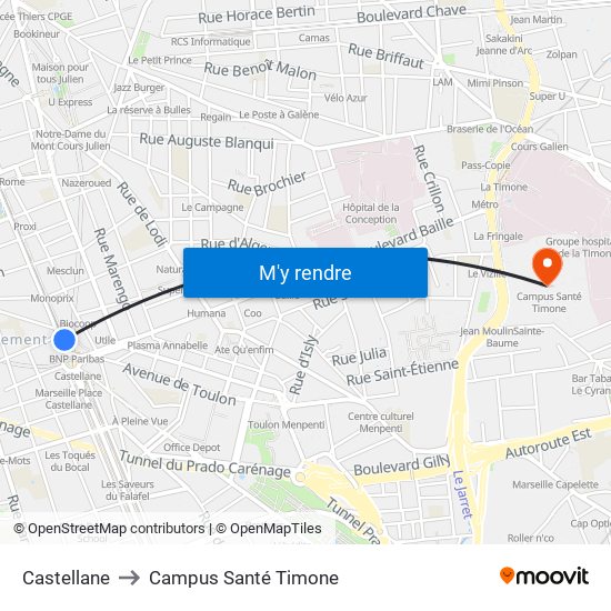 Castellane to Campus Santé Timone map