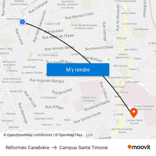 Réformés Canebière to Campus Santé Timone map