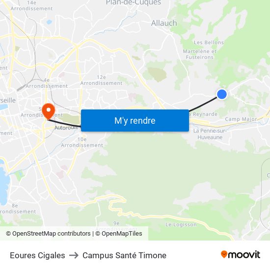 Eoures Cigales to Campus Santé Timone map