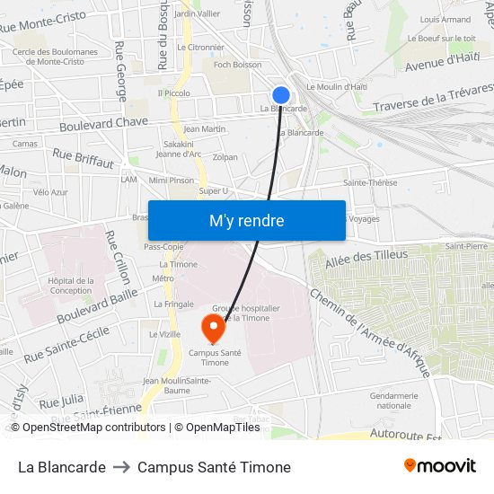 La Blancarde to Campus Santé Timone map