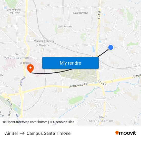 Air Bel to Campus Santé Timone map